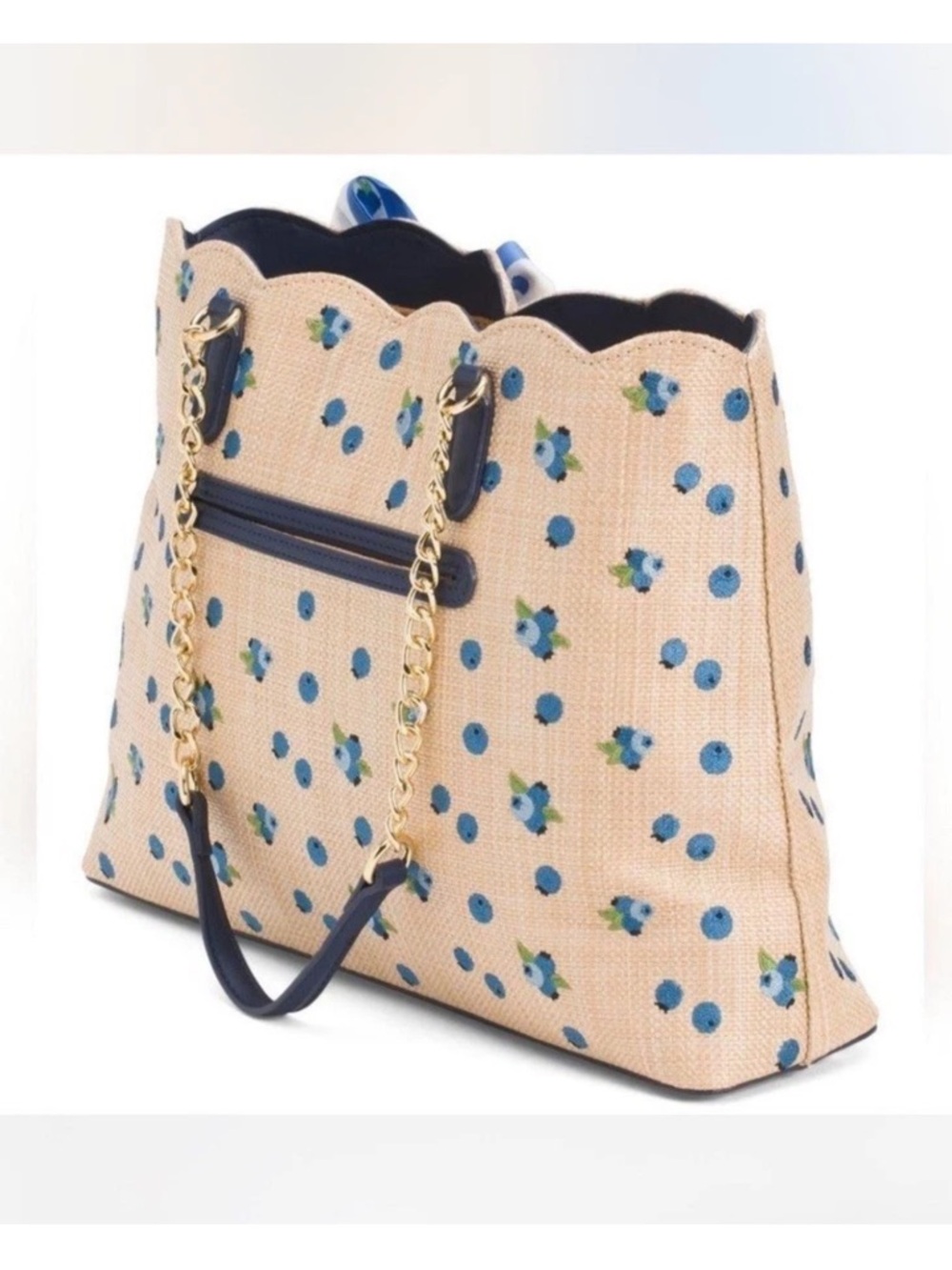 Betsey Johnson Blue Floral Blueberry Scallop-Top Tote with Bow Scarf NWT - Picture 3 of 4